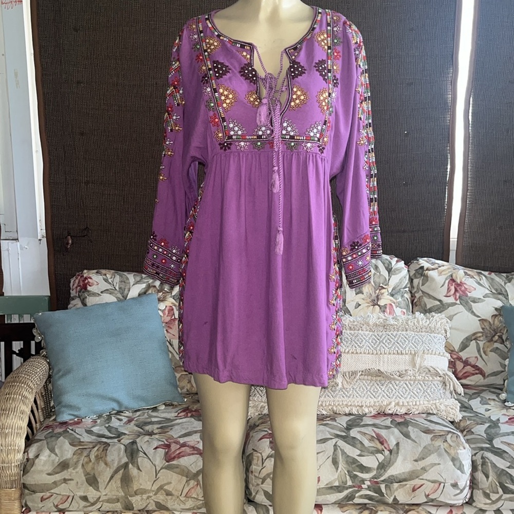FREE PEOPLE Purple Linen Multicolored Embroidered Tunic Mini Dress Size XS - Picture 3 of 12